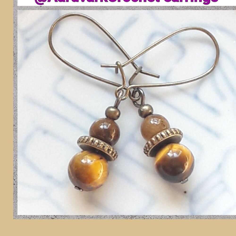 Gemstone Artisan Brown Tiger's eye Drop SemiHoops earrings Yellow earrings 476■